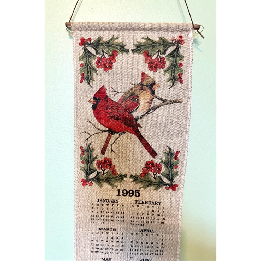Vintage 1995 cardinal linen calendar, farmhouse Christmas wall hanging decor